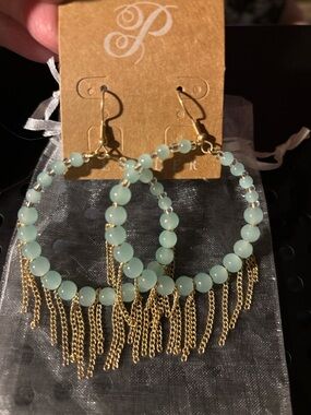 New Gold Fringe Hoop Earrings with Pistachio Green Beads